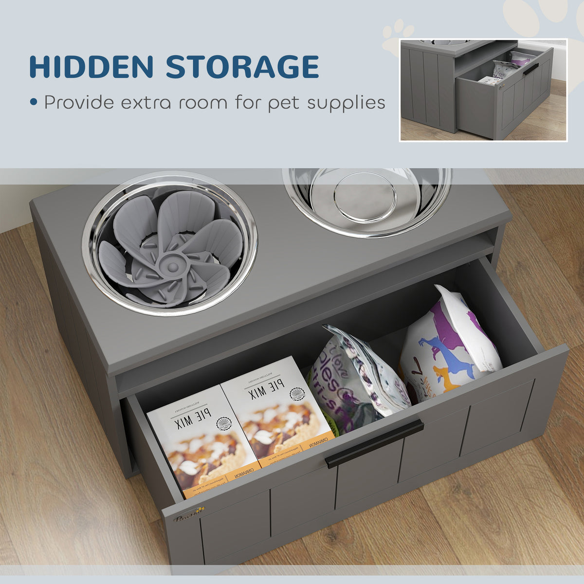 Elevated Dog Bowl Stand with Storage Drawer, 2 Stainless Steel Bowls &amp; Slow Feeder Mat, Gray – view 6
