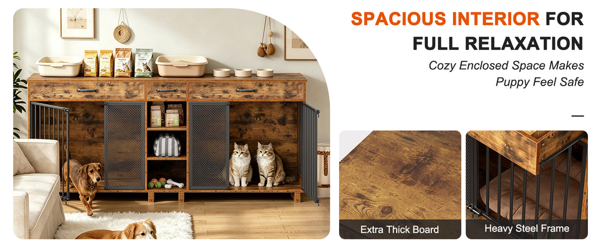 Large Wooden Double Dog Crate Furniture – Storage Cabinet, Drawers, Shelves, Antique Brown – view 9