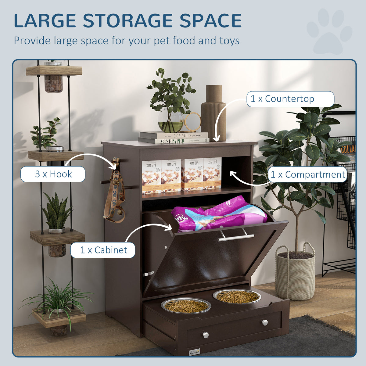 Pet Feeder Station Storage Cabinet with Pull-Out Bowl Drawer, Shelf &amp; Leash Hooks, Brown – view 5