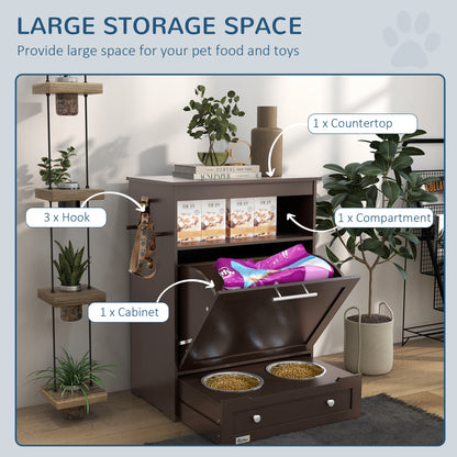 Pet Feeder Station Storage Cabinet with Pull-Out Bowl Drawer, Shelf &amp; Leash Hooks, Brown – view 5
