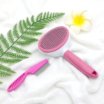 Self-Cleaning Cat Brush with Metal Comb – Release Button Slicker Brush for Shedding, Pink – view 6