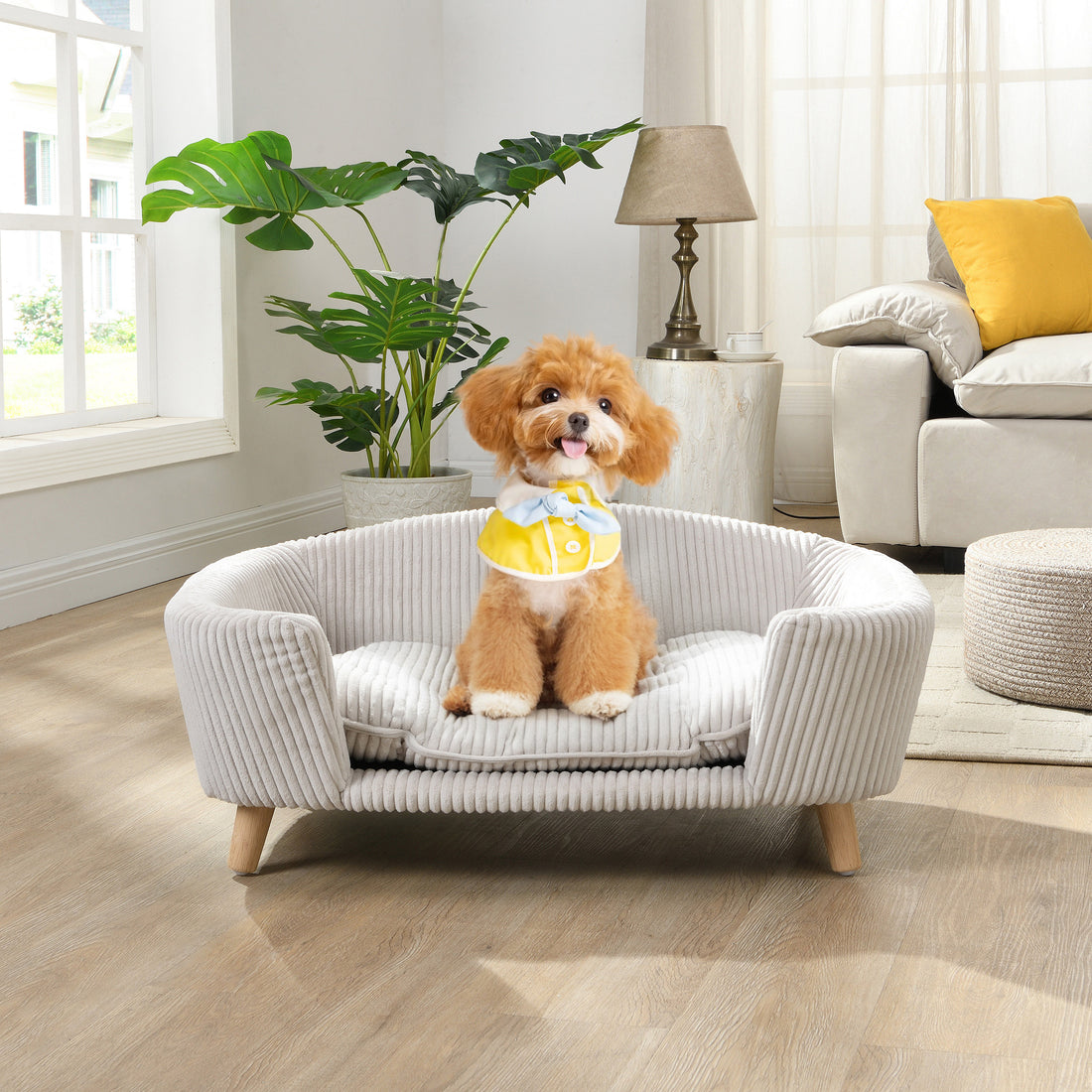 Elevated Dog Bed Frame for Small Dogs – Corduroy Pet Couch with Wood Legs, Beige