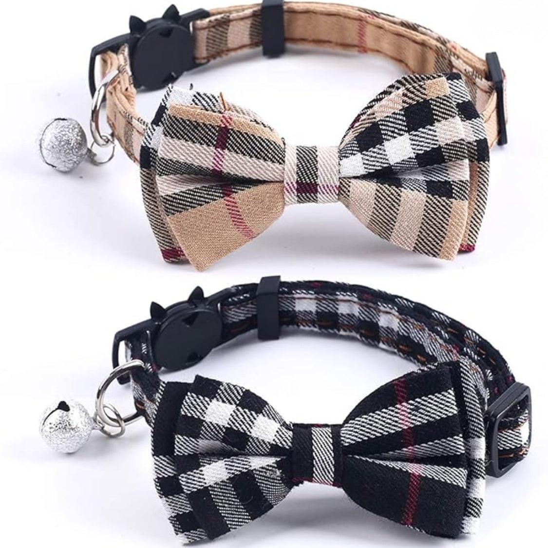 Breakaway Cat Collars 2-Pack – Plaid Kitten Collars with Removable Bow Tie &amp; Bell, Adjustable 7.8–10.2 in