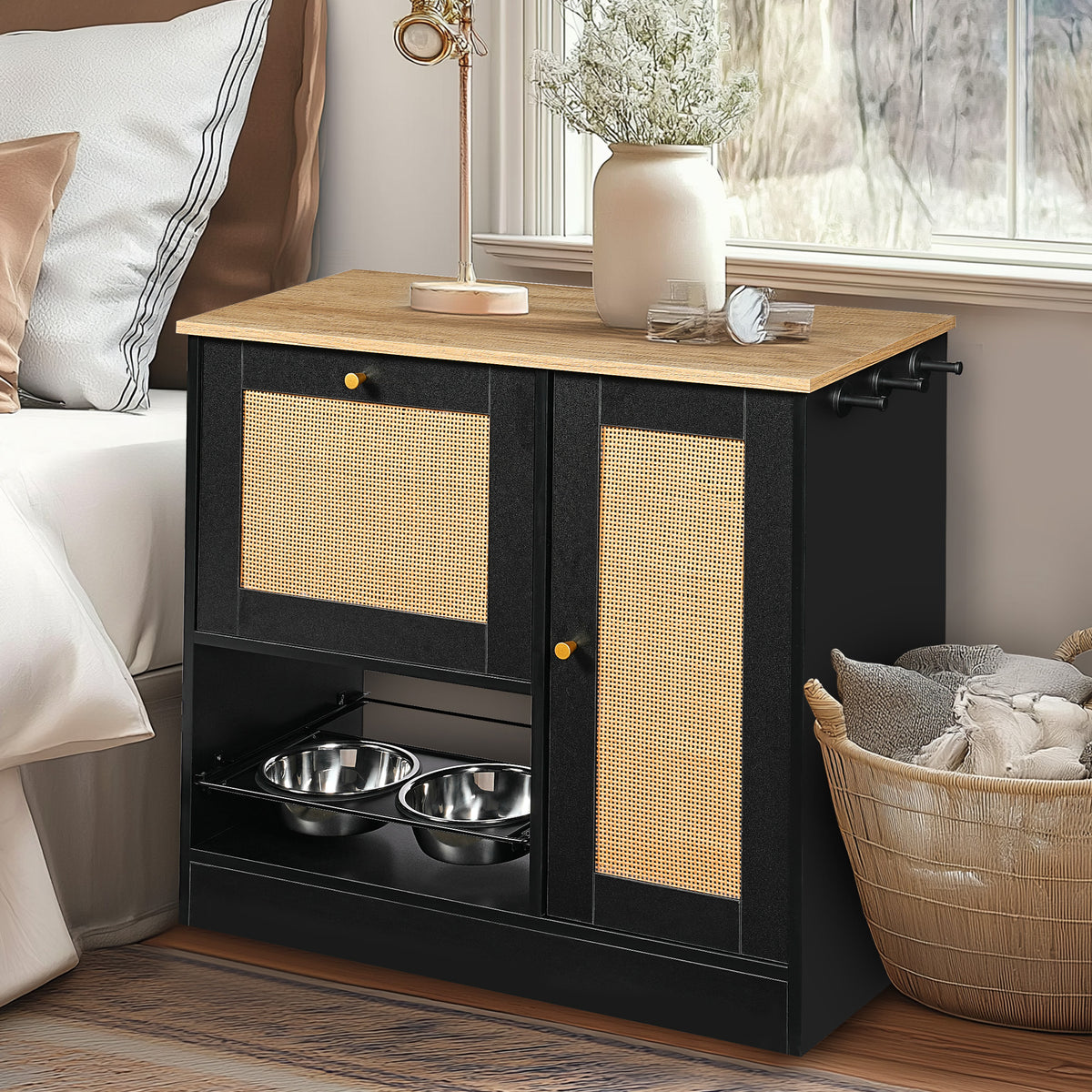 Hidden Dog Feeding Station with 2 Cabinets – Pull-Out Bowls, Rattan Doors, Black – view 4