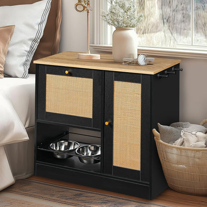 Hidden Dog Feeding Station with 2 Cabinets – Pull-Out Bowls, Rattan Doors, Black – view 4
