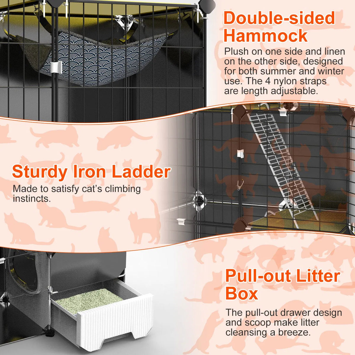 3-Tier Indoor Cat Cage with Pull-Out Litter Drawer, Ladder &amp; Reversible Hammock – view 8