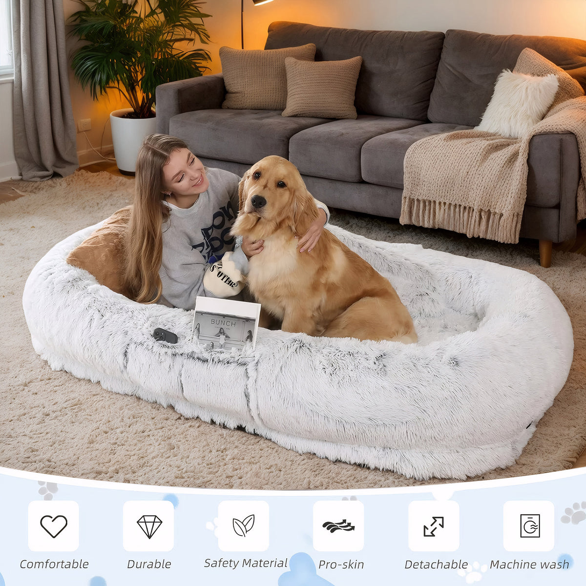 Human Dog Bed for People and Pets – Washable Faux Fur Nap Bed, 71 x 45 x 14 in, Gray – view 3