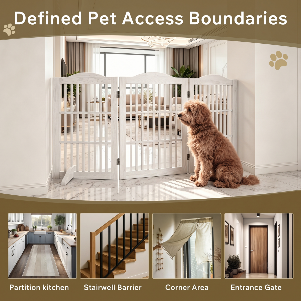 Freestanding Wooden Dog Gate – 3-Panel Foldable Step-Over Pet Fence, No Assembly, 30 in, White – view 7