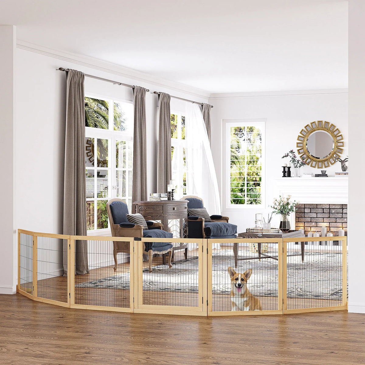 6-Panel Foldable Wooden Pet Gate &amp; Playpen – Natural Wood, 27.6 in High