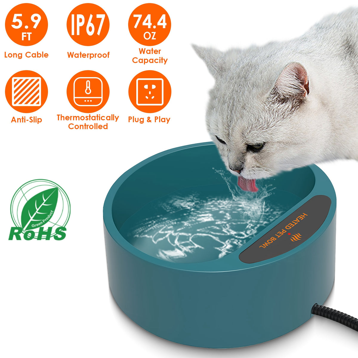 Heated Pet Water Bowl, 74.4 oz Thermostatic Winter Water Dish for Dogs, Cats &amp; Rabbits, Army Green – view 2