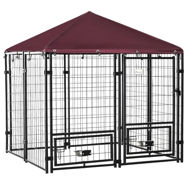 Outdoor Dog Kennel with Cover &amp; 2 Rotating Bowls – 55.5 x 55.5 in, Medium Dogs – view 2