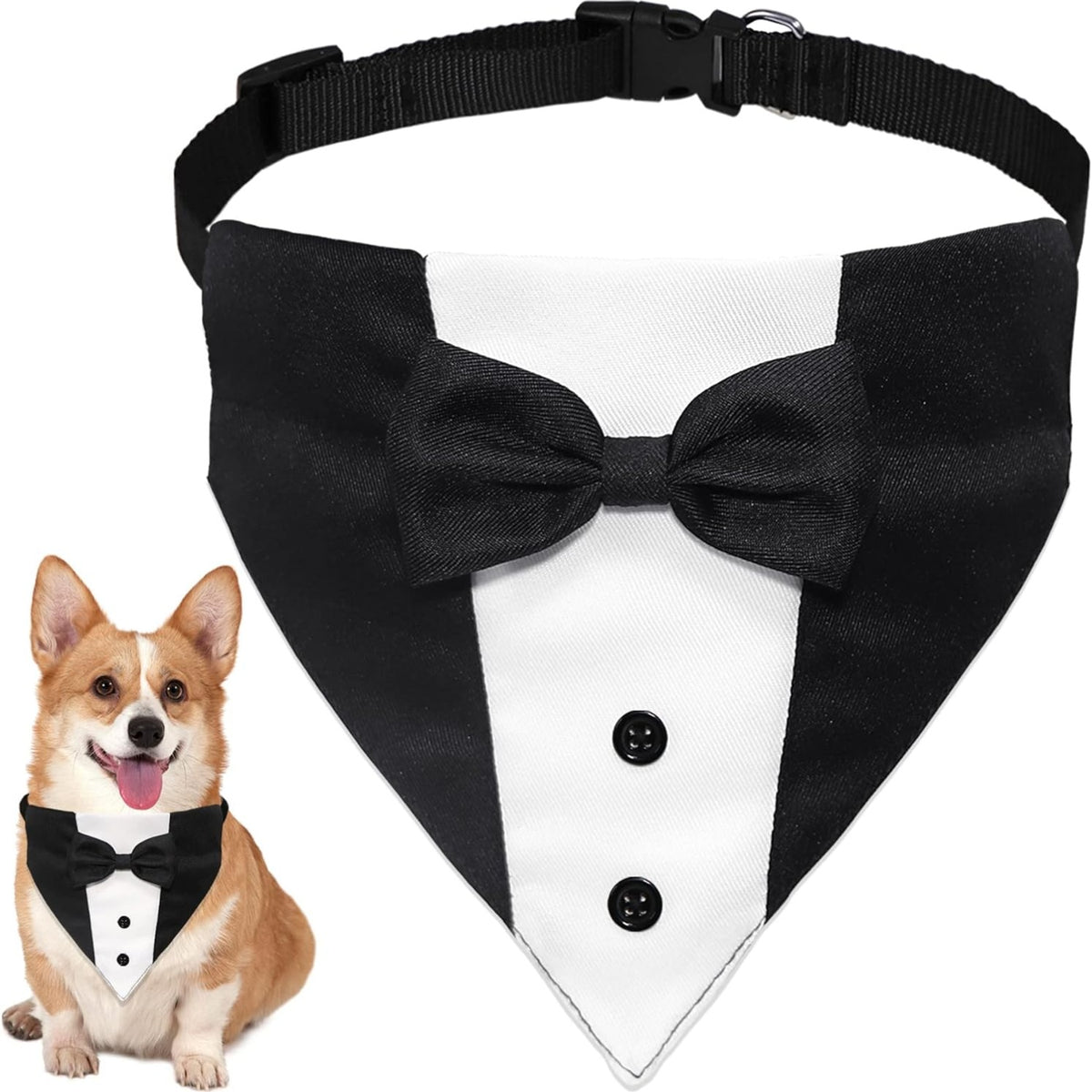 Dog Tuxedo Bandana Collar with Bow Tie – Formal Wedding Tux for Dogs, Adjustable 12.5–21 in, Black &amp; White