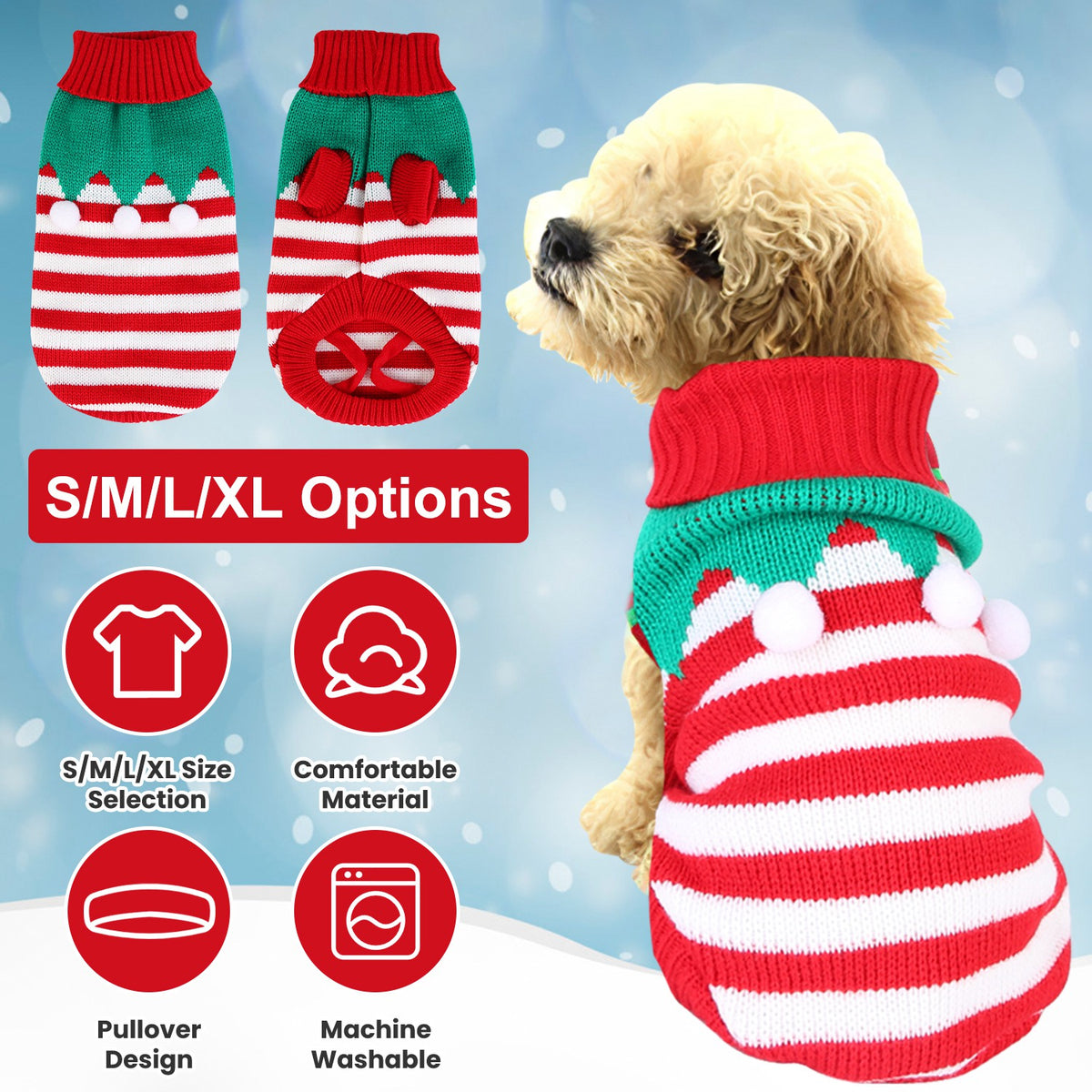 Christmas Turtleneck Pet Sweater with Snowman or Pom-Pom Stripes for Small Dogs &amp; Cats – view 3