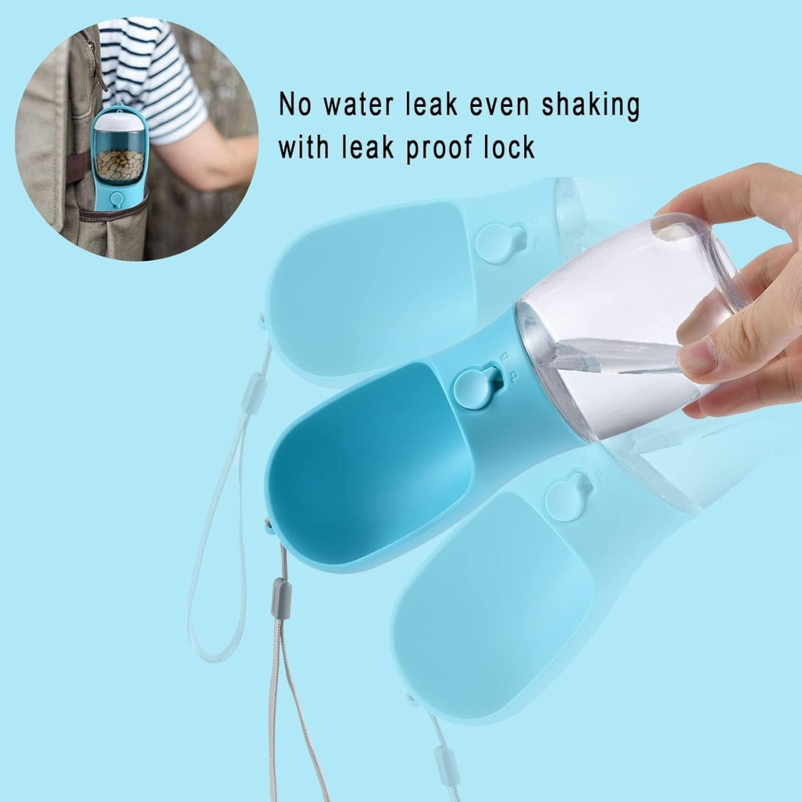 Dog Travel Water Bottle with Attached Food Container &amp; Carbon Filter – Leak-Proof Lock, Blue – view 2