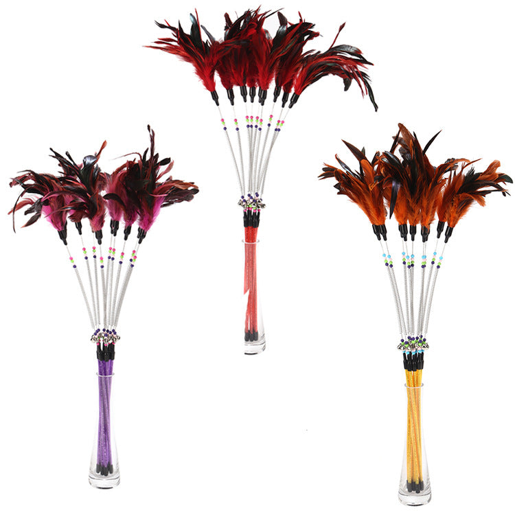 Feather Cat Wand with Spring Bell and Colored Beads – Interactive Cat Teaser Stick – view 2