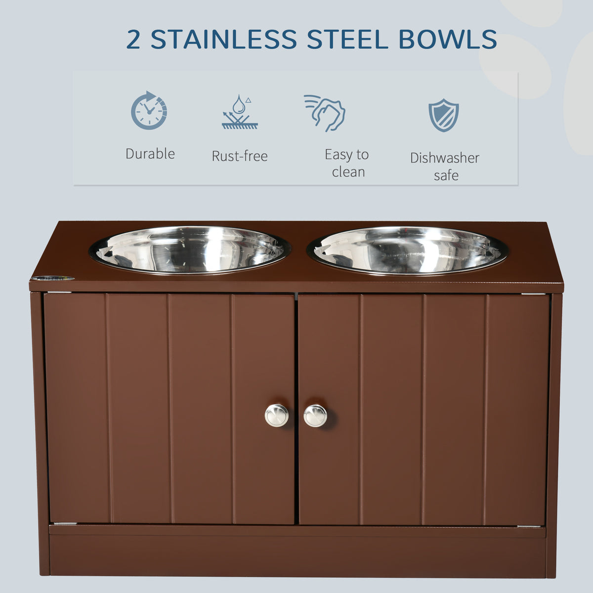 Elevated Dog Bowls with Storage Cabinet – Magnetic Doors, 2 Stainless Steel Bowls, Brown – view 4