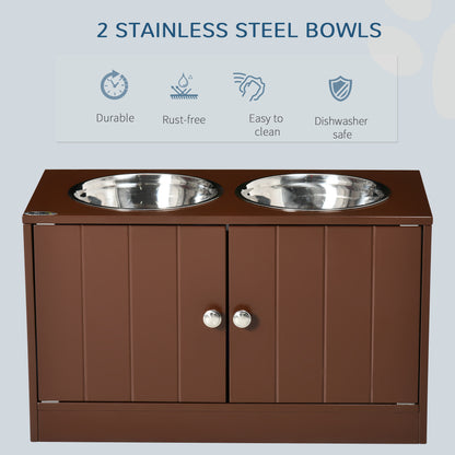 Elevated Dog Bowls with Storage Cabinet – Magnetic Doors, 2 Stainless Steel Bowls, Brown – view 4