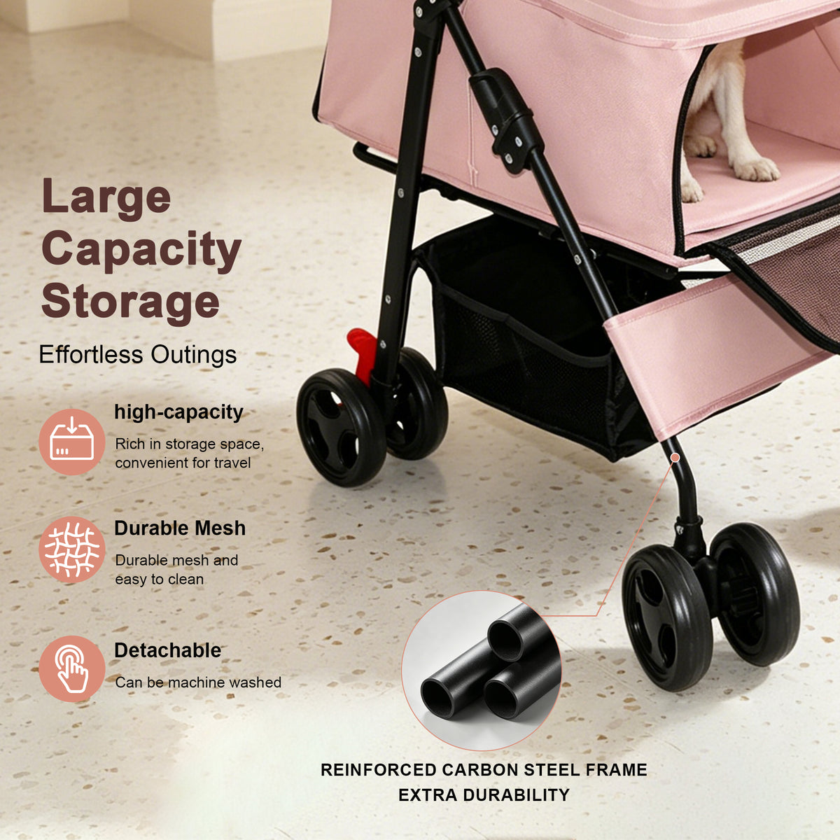 Foldable Pet Stroller for Small Dogs and Cats – One-Hand Fold, Tray, Storage Basket, Pink – view 8