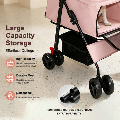 Foldable Pet Stroller for Small Dogs and Cats – One-Hand Fold, Tray, Storage Basket, Pink – view 8