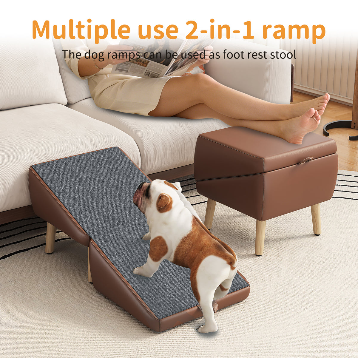 2-in-1 Wooden Dog Stairs and Ramp – Split Ottoman Design, Non-Slip Surface, Small Dogs &amp; Cats, Brown – view 5