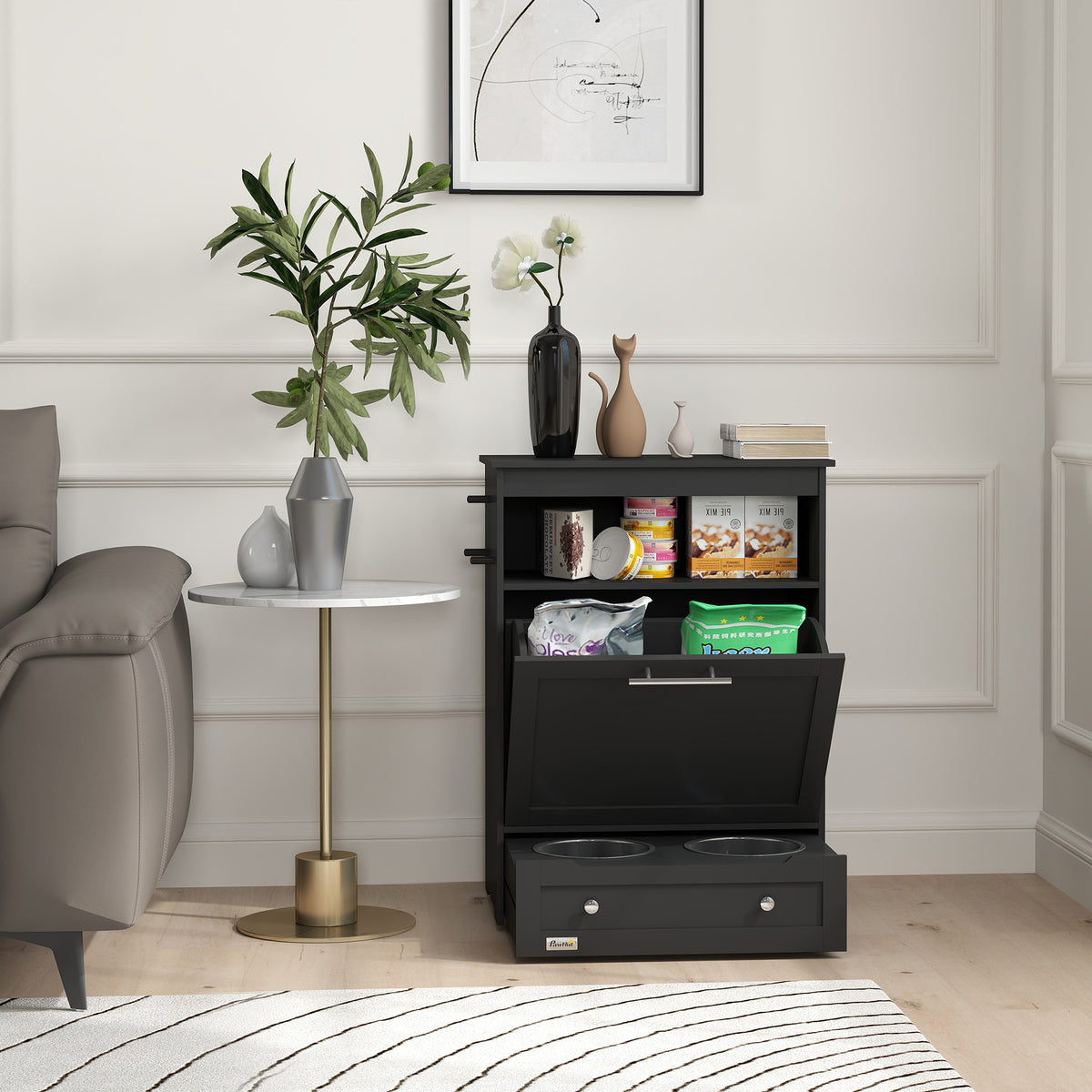 Pet Feeder Storage Cabinet with Pull-Out Bowl Drawer, Shelf &amp; Leash Hooks, Black – view 7