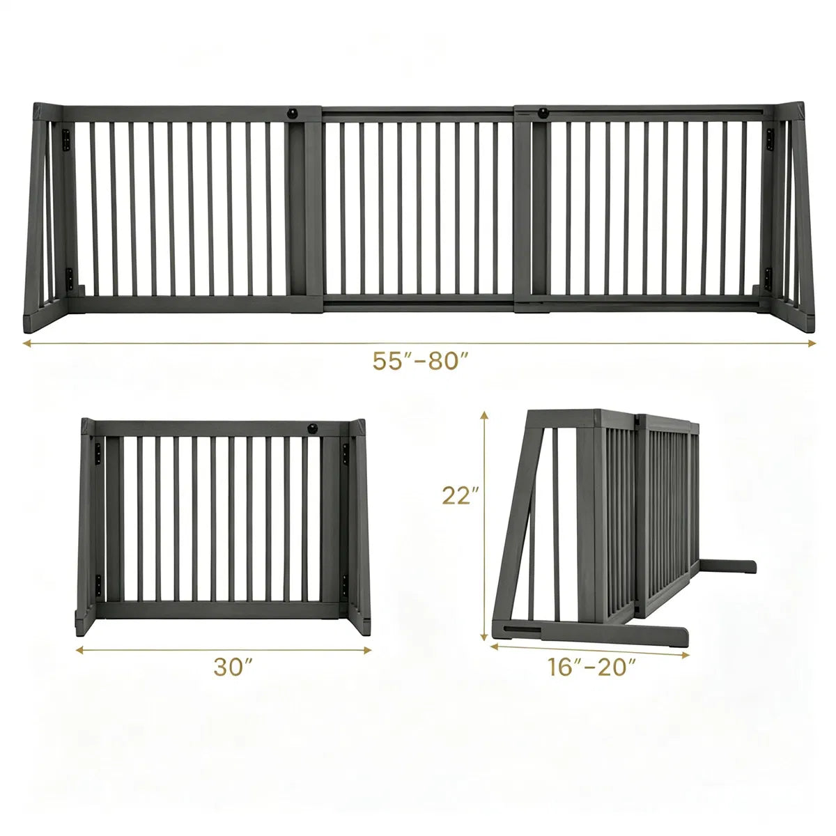 Expandable Wooden Pet Gate – 22 in Tall, Freestanding, 28–80 in Wide, Gray – view 2