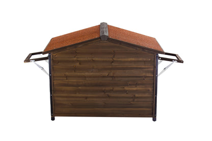 Wooden Cabin Dog House with Iron Frame – Asphalt Roof, Covered Porch, Large Dogs, Antique Brown – view 5
