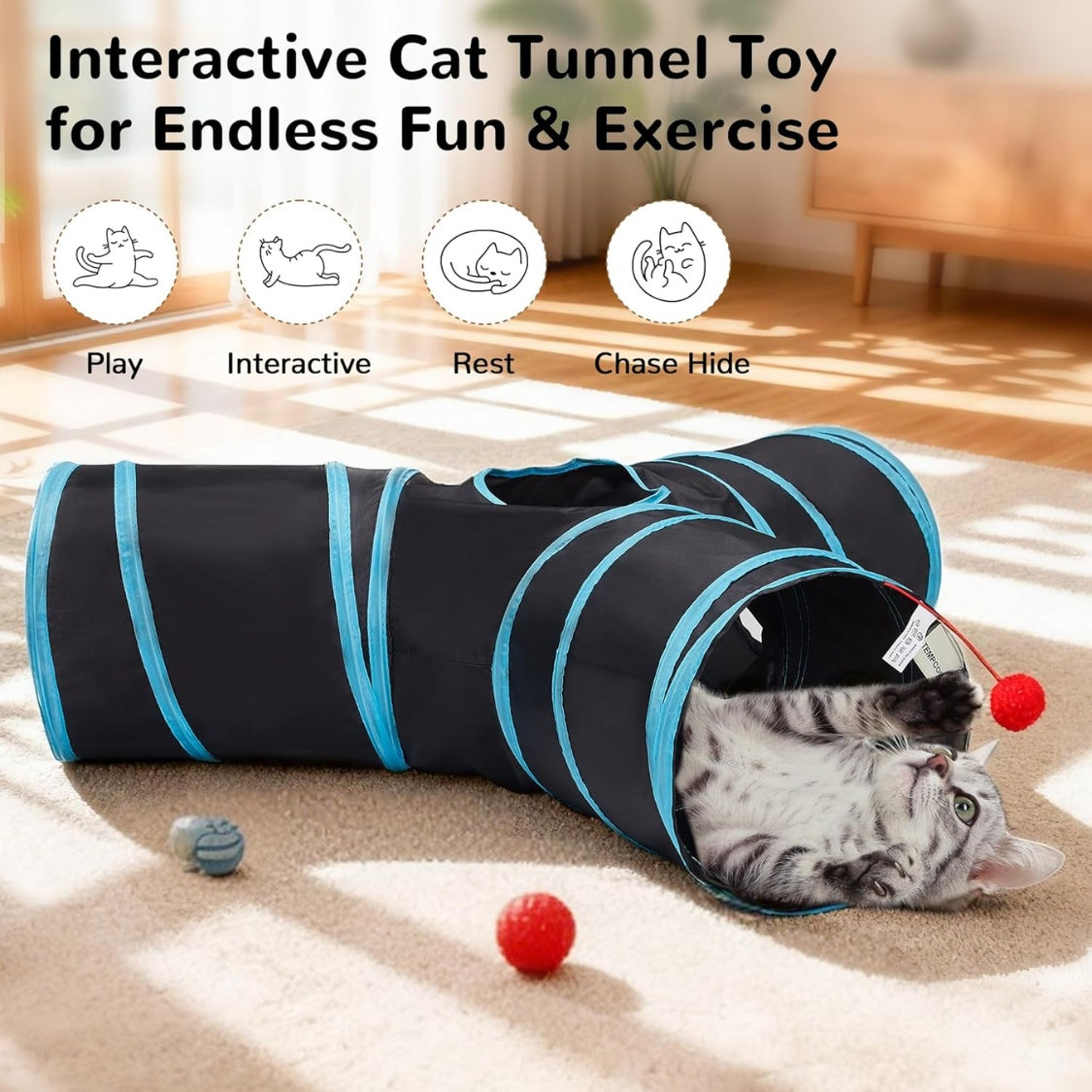 3-Way Collapsible Cat Tunnel – Indoor Play Tube with Peek Holes &amp; Dangling Ball, Black – view 7
