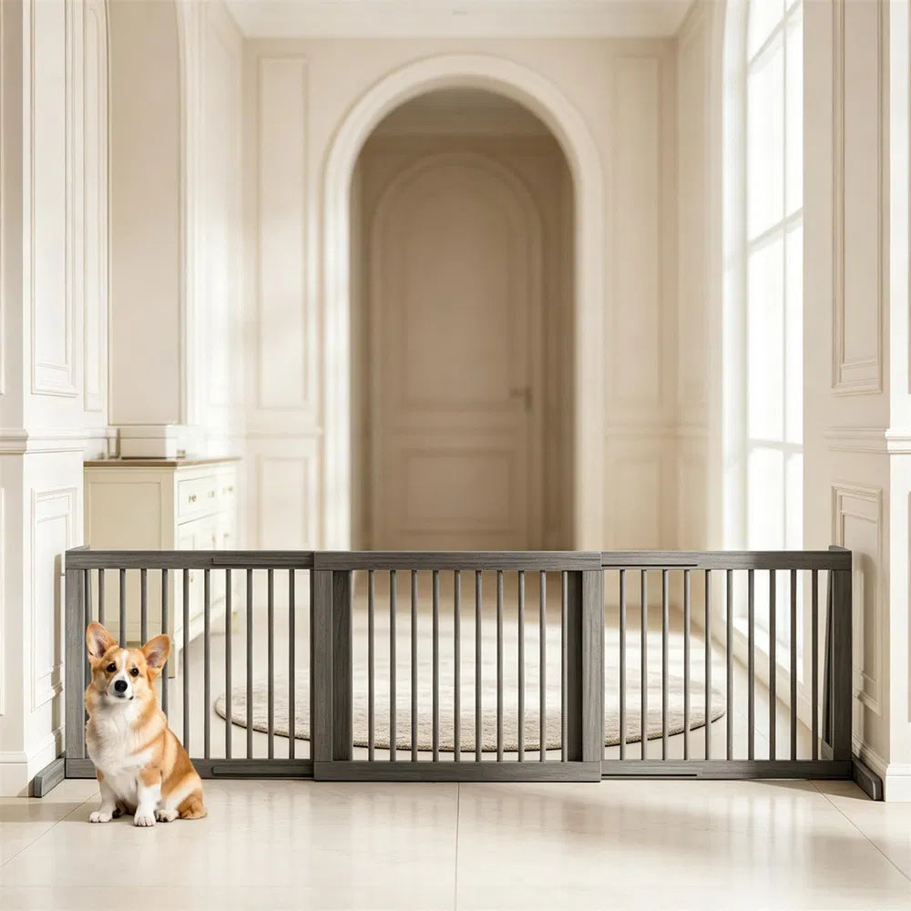 Expandable Wooden Pet Gate – 22 in Tall, Freestanding, 28–80 in Wide, Gray – view 11