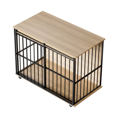 Wooden Dog Crate Furniture – Large Kennel End Table with Sliding Door and Tray, Black and Natural – view 6