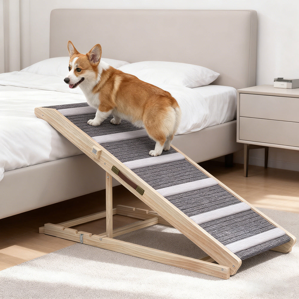 Foldable Wooden Dog Ramp for Couch, Bed or Car with 4 Height Settings and Carpet Surface