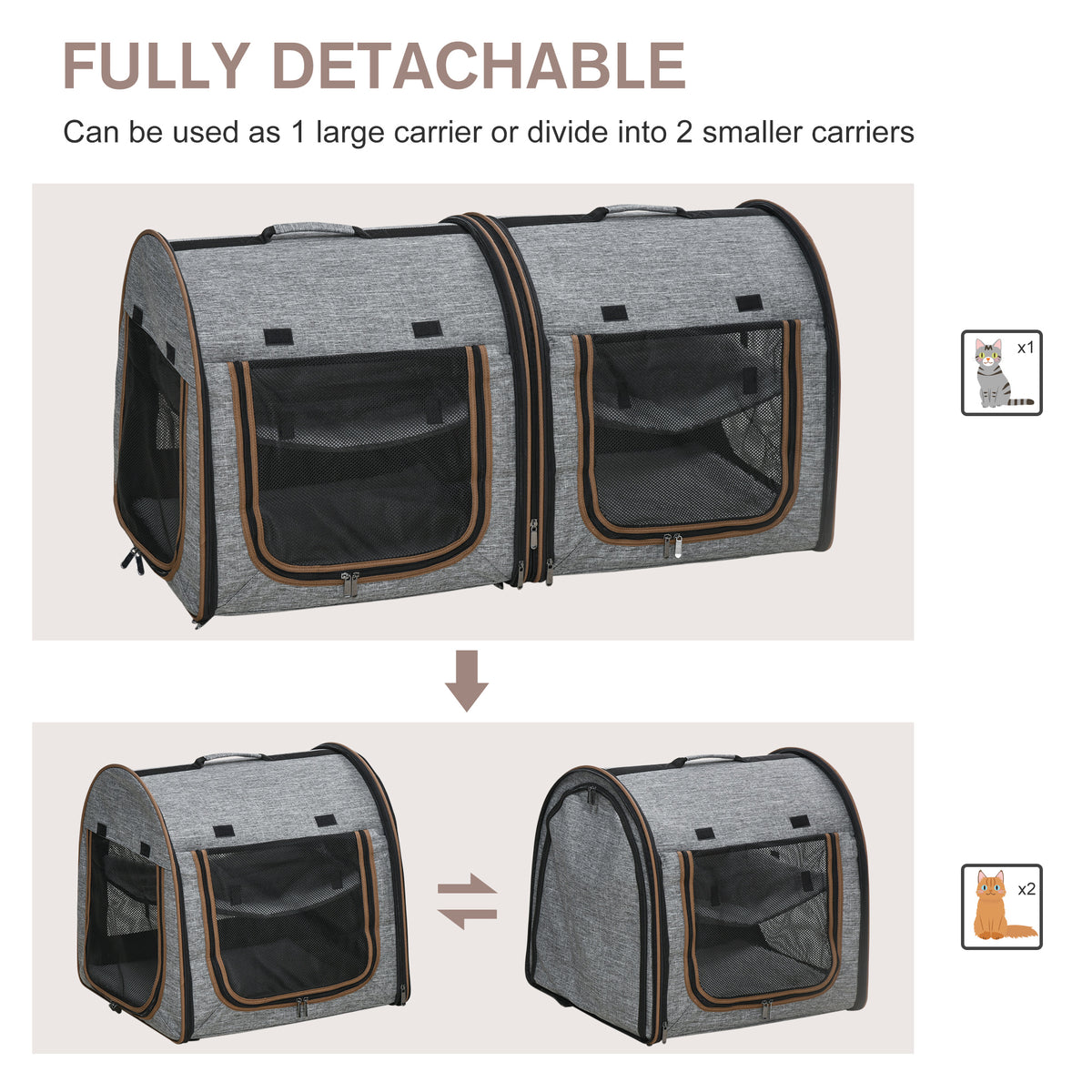 39" Double Cat Carrier with Divider – Foldable Soft-Sided Pet Crate, 2 Compartments, Light Gray – view 5