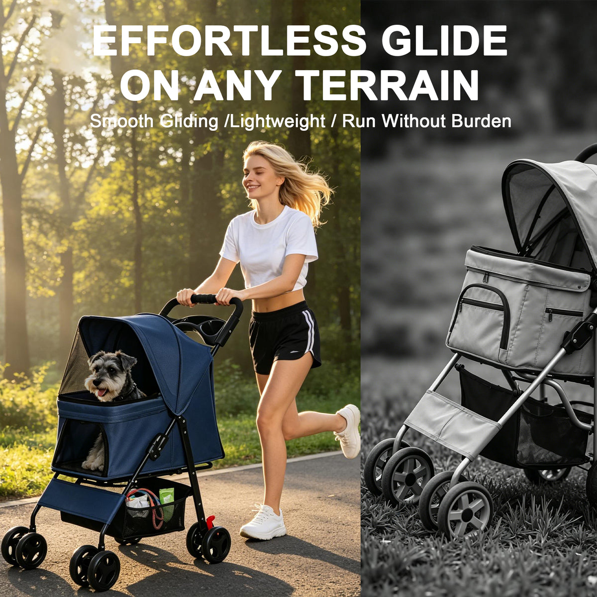 Foldable Pet Stroller for Small Dogs and Cats – Up to 28 lbs, Tray, Storage Basket, 4 Wheels, Blue – view 6