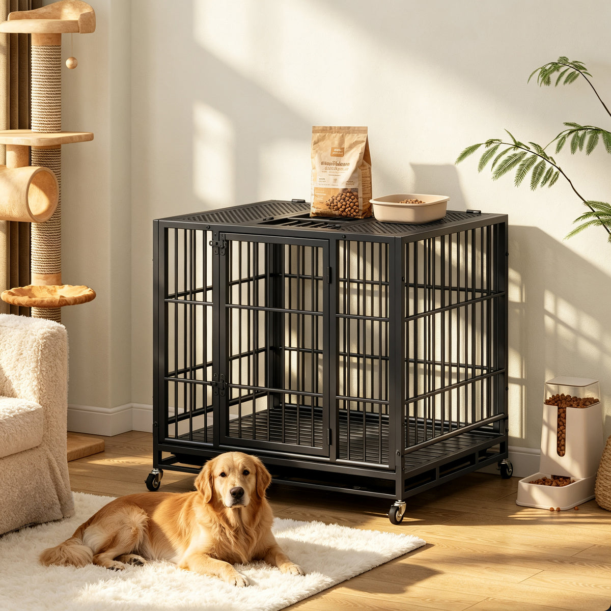 Heavy Duty Dog Crate on Lockable Wheels – Metal Kennel with Slide-Out Tray and Perforated Top, Black – view 8