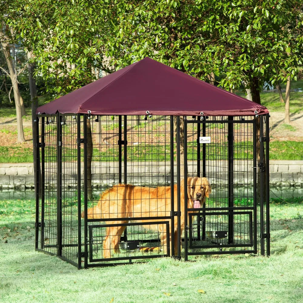 Outdoor Dog Kennel with Cover &amp; 2 Rotating Bowls – 55.5 x 55.5 in, Medium Dogs – view 6
