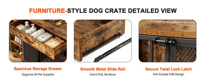 Large Wooden Double Dog Crate Furniture – Storage Cabinet, Drawers, Shelves, Antique Brown – view 5