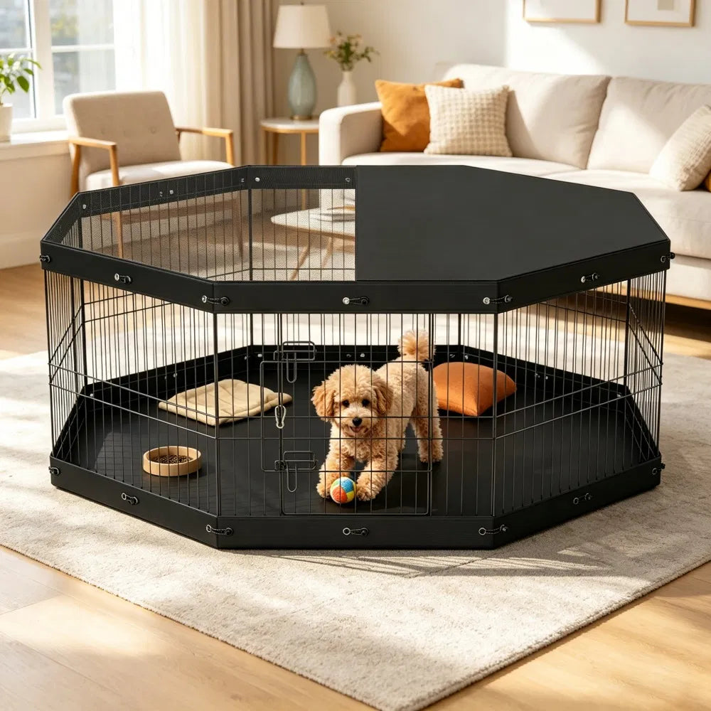 8-Panel Outdoor Dog Playpen with Top Cover &amp; Floor Mat – 24 in, Metal – view 5