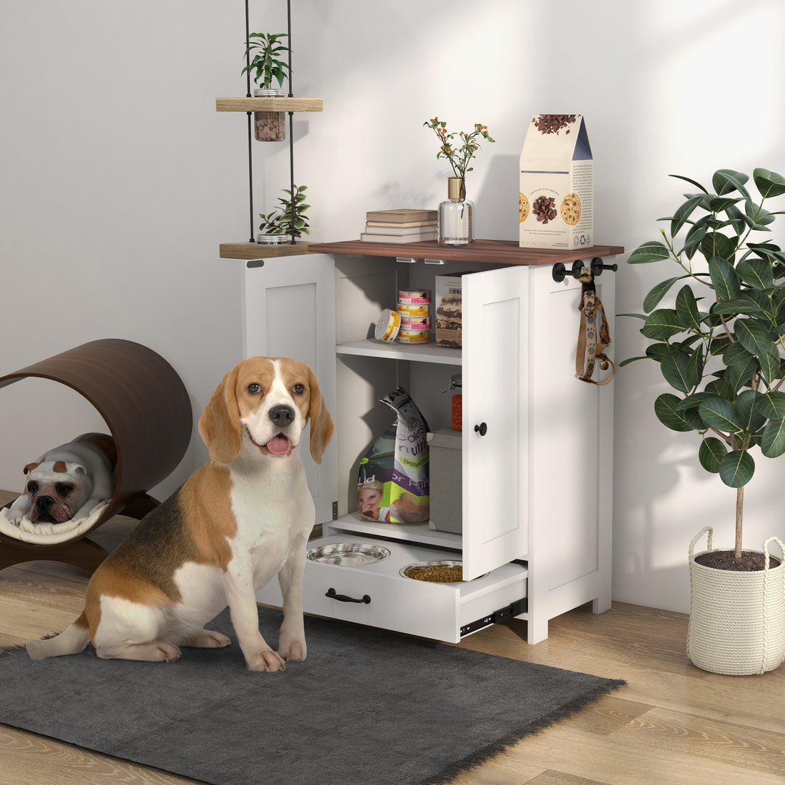 Dog Feeding Cabinet with Hidden Bowls, Adjustable Shelf &amp; Leash Hooks, Medium Dogs, White