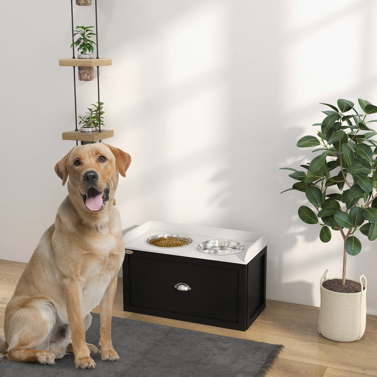 Elevated Dog Feeding Station with 21L Storage Drawer &amp; 2 Stainless Steel Bowls, White and Black