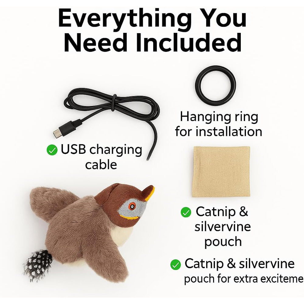 USB Rechargeable Flapping Bird Cat Toy, Chirping Plush Sparrow with Real Feathers and Catnip – view 3