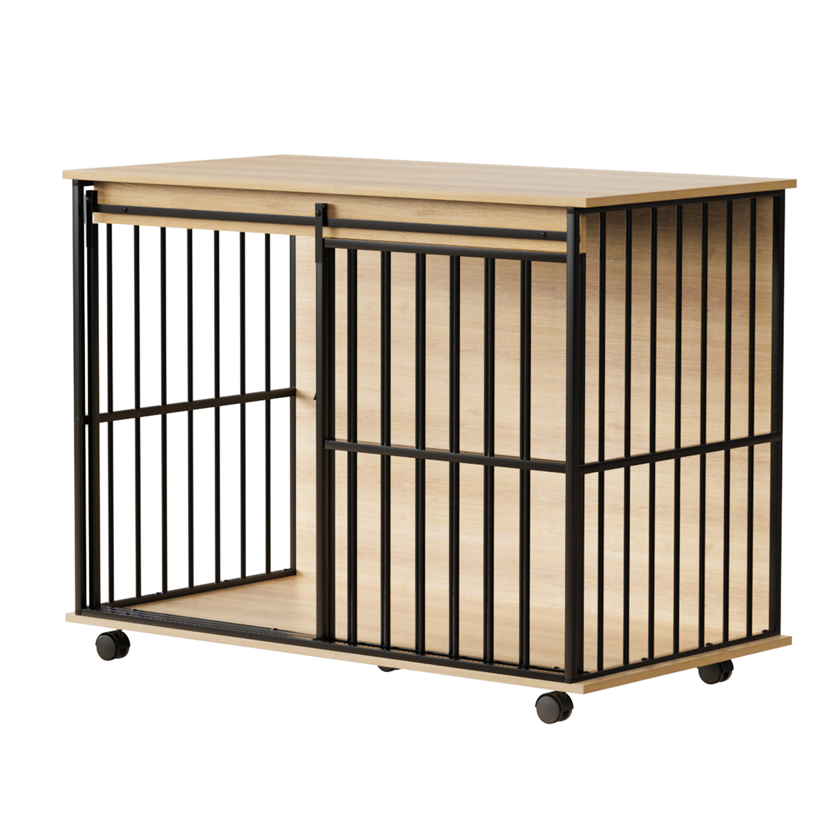 Wooden Dog Crate Furniture – Large Kennel End Table with Sliding Door and Tray, Black and Natural – view 3