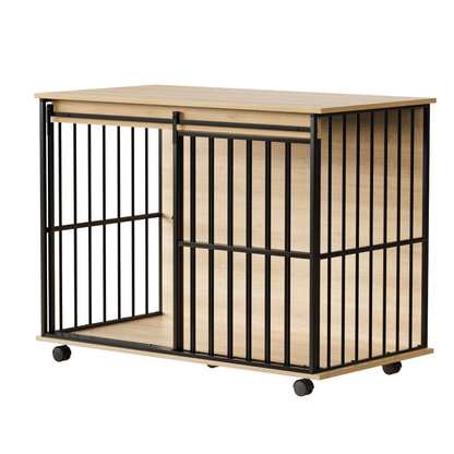 Wooden Dog Crate Furniture – Large Kennel End Table with Sliding Door and Tray, Black and Natural – view 3
