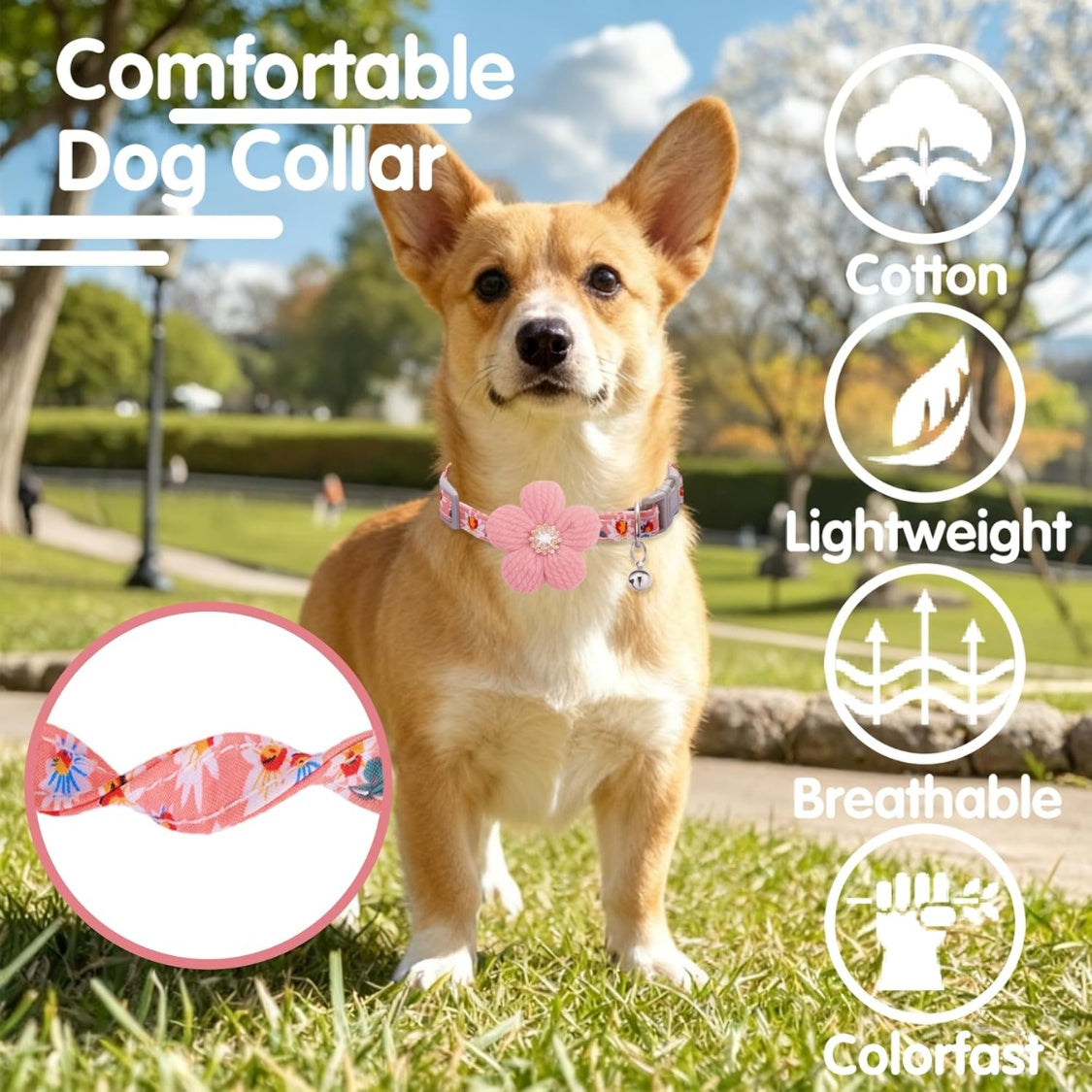 Flower Dog Collar with Bell – Cute Floral Cotton Collar for Small Girl Dogs, Adjustable, Pink – view 5