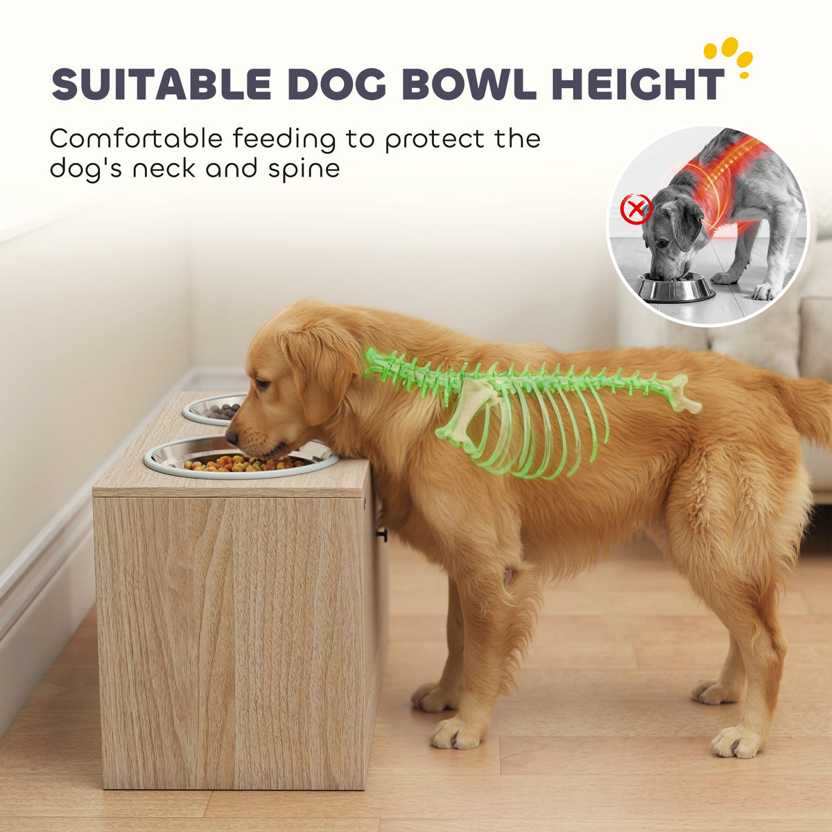 Elevated Dog Bowls with Storage Cabinet – 2 Stainless Bowls &amp; Slow Feeder Insert, Oak – view 4