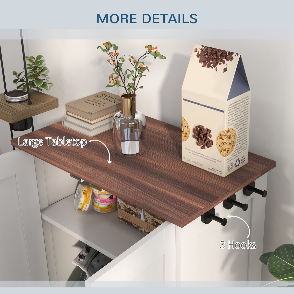 Dog Feeding Cabinet with Hidden Bowls, Adjustable Shelf &amp; Leash Hooks, Medium Dogs, White – view 7
