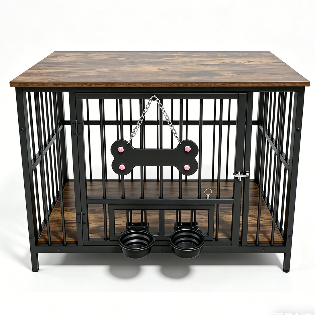 Wood Grain Metal Dog Crate Furniture – Double Outside-Fill Bowls, Bone Door Plaque, Brown &amp; Black – view 2