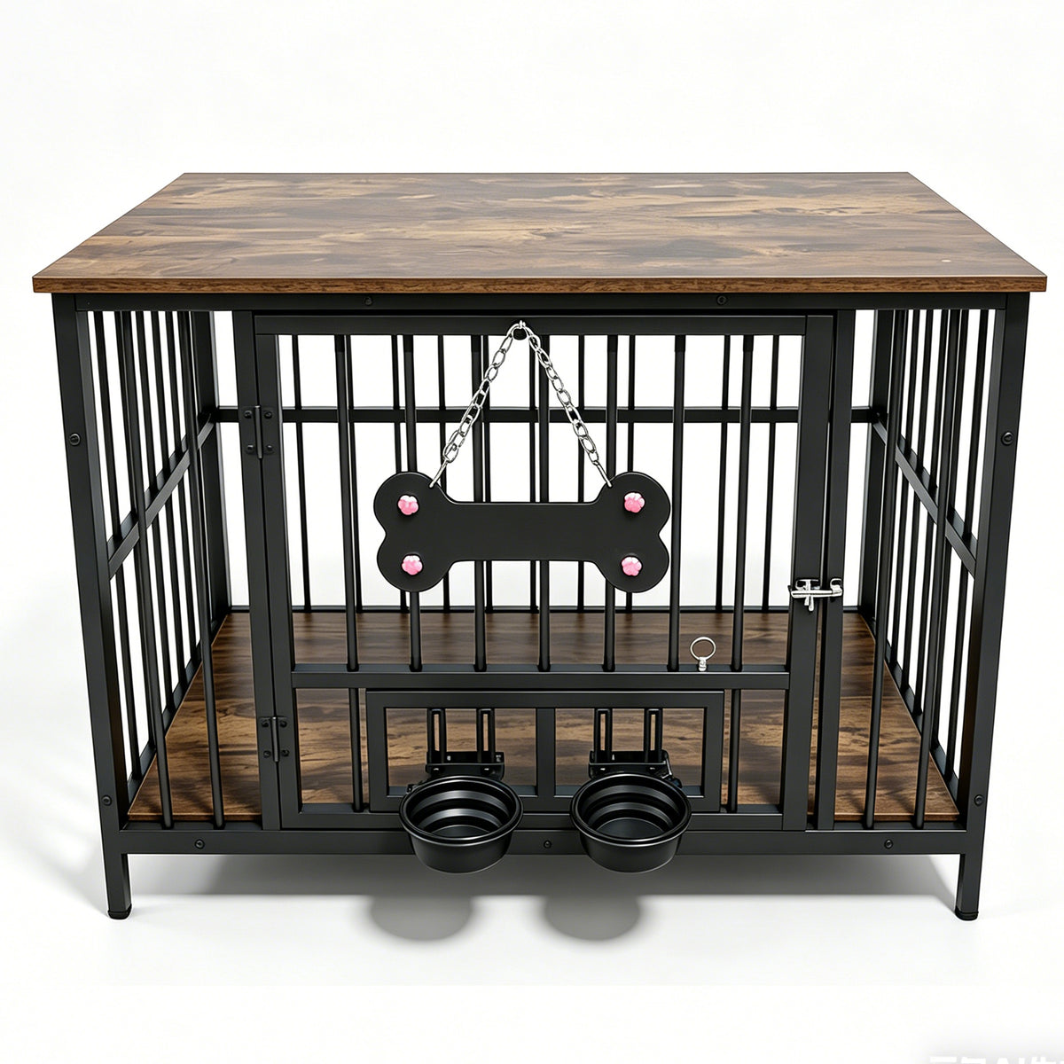 Wood Grain Metal Dog Crate Furniture – Double Outside-Fill Bowls, Bone Door Plaque, Brown &amp; Black – view 2