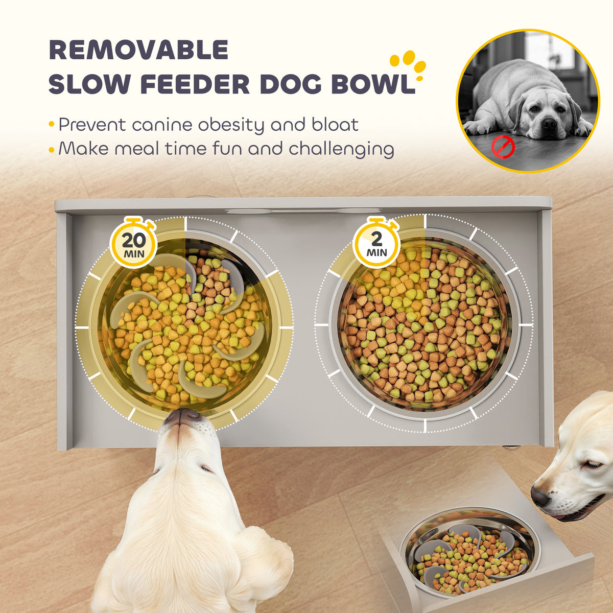 Elevated Dog Bowl Stand with Storage Cabinet, Acrylic Doors and Splash Guards for Large Dogs, Gray – view 7