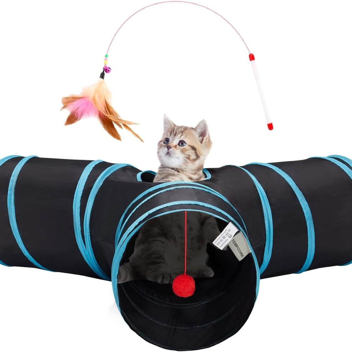 3-Way Collapsible Cat Tunnel – Indoor Play Tube with Peek Holes &amp; Dangling Ball, Black