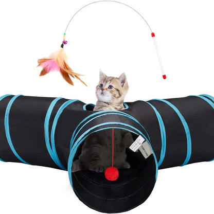 3-Way Collapsible Cat Tunnel – Indoor Play Tube with Peek Holes &amp; Dangling Ball, Black